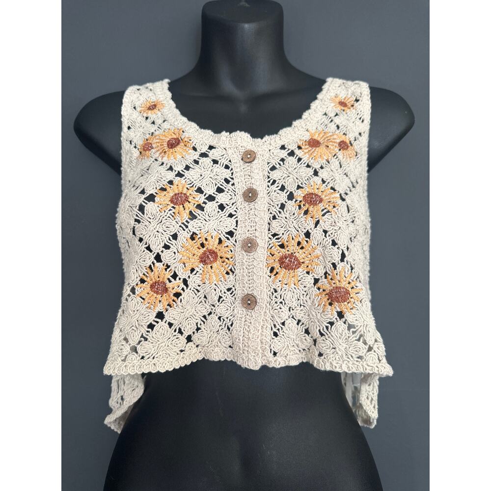 Rebellion Crochet Button Sunflower Cropped Boho Festival Vest Top Size Large